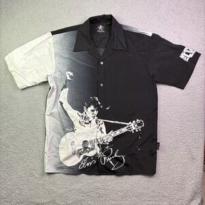 VTG Elvis Presley Button Shirt Mens L AOP All Over Graphic Hawaiian Panel Crowd